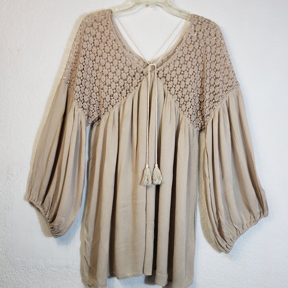 VELZERA Crochet Top Small Taupe Boho Gypsy Balloon Sleeves Tunic Festival Tassel